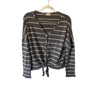 Altar’d State Gray White Stripe Button Front Tie Crop Sweater Cardigan L